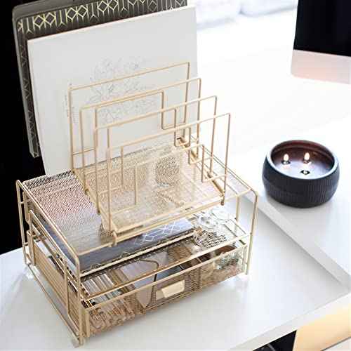 BLU MONACO Gold Workspace Desk Organizer - Desktop Rack with File Sorters and Drawer for Office Supplies, Paper, Devices, and Folders