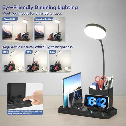 KDD Desk Lamp with USB A&C Charger Ports - Reading Desktop Light with Pen & Phone Holder - Adjustable Brightness Lights with Device Slots - 360¡ÆGooseneck Table Lamp for Home Office College Dorm Room