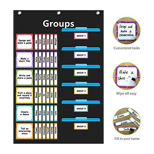 REGELETO Small Group Management Pocket Chart with 96 Cards Classroom Jobs Chart Small Group Organizer and on Task for School Teacher Elementary Preschool Learning Supplies (Black)