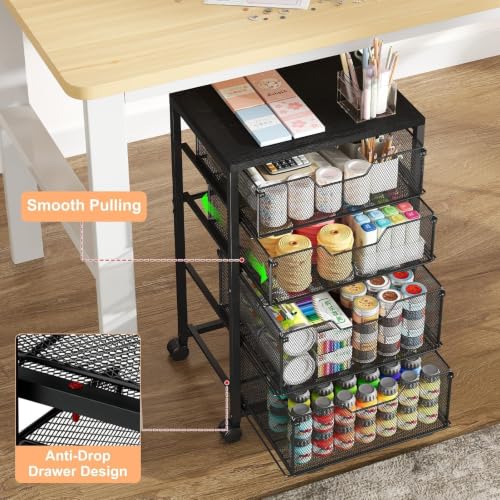 Sbanmao Rolling Cart with 4 Drawers (2S+2M), Black – Heavy-Duty Metal Frame