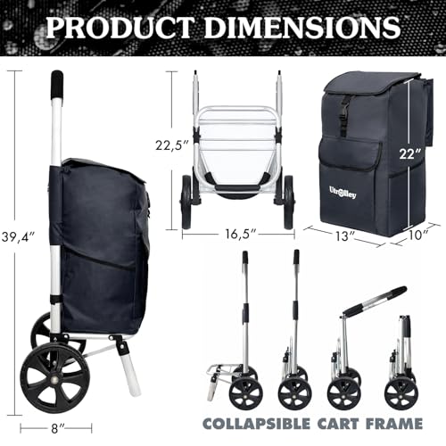 Ultra-Lightweight Black Foldable Shopping Cart for Groceries Large 42L Capacity Rubber Wheels, Removable Insulated Bag Liner, Durable Aluminum Frame, Multi-Function Personal Hand Truck