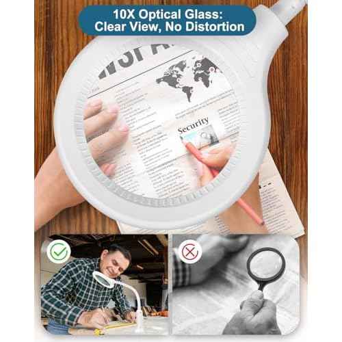 10X Magnifying Glass with Light and Stand, LED 5 Color Modes, Brightness Stepless Dimming Lighted Magnifier Hands Free, Flexible Gooseneck Desk Lamp with Clamp for Close Works, Crafts, Hobby - White