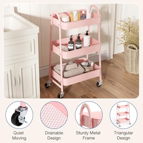Pink 3-Tier Metal Rolling Storage Cart with Lockable Wheels - 17 Inch