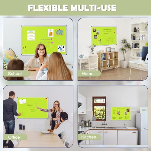 WALGLASS Magnetic Whiteboard 24"x18" Dry Erase White Board for Walls with Pen Tray, Aluminium Frame and Dry-Wipe Writing Surface for Kids' Drawing, Home, and Office (Green)