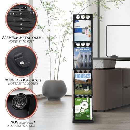 Literature Catalog Rack, Foldable Magazine Brochure Display Stand, Magazine Floor-Standing with Portable Oxford Bag, for Office Store and Exhibition Trade Show (4 Pockets, Black)