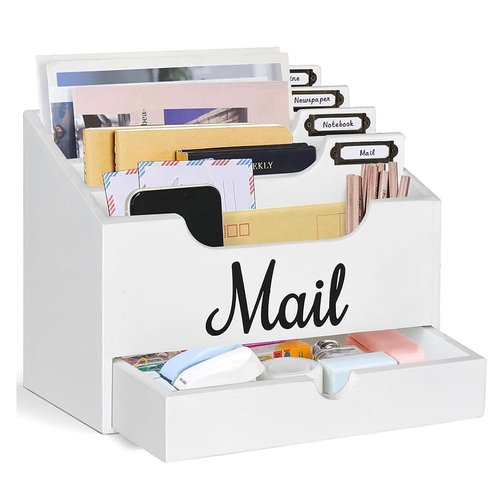 Niciksty Wood Desktop Mail Organizer, Mail Organizer Countertop with 4 Compartments and Drawer, Wood Mail Holder Sorter Organizer Holder for File Letter Paper Folder, White Wooden Desk Organizer