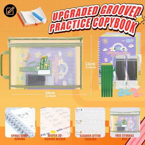 Upgraded Large Size Magic Practice Copybook for Kids, Reusable Grooved Handwriting Practice Book for Preschool Kids Age 3-8 Calligraphy with Catus Pens & Storage Bag (5PCS 7.3 * 10.3 inch)