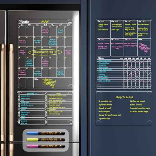 JJPRO Non-Magnetic Dry Erase Calendar - Monthly & Weekly Chart, List & Blank Board for Smooth Surfaces. Clear Reusable Calendar Sticks to Fridge, Cabinet, Door & Glass