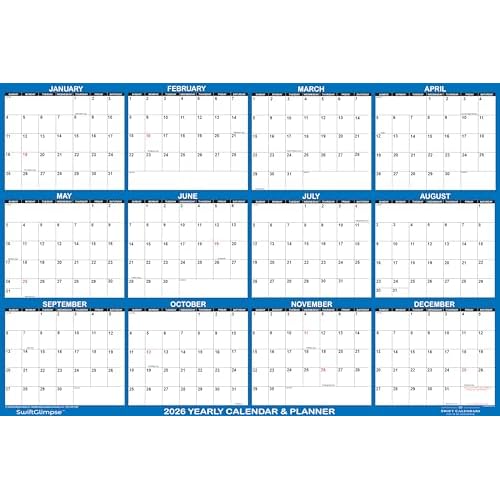 36" x 54" SwiftGlimpse 2026 Wall Calendar Erasable Large Wet & Dry Erase Laminated 12 Month Annual Yearly Wall Planner, Horizontal, Navy
