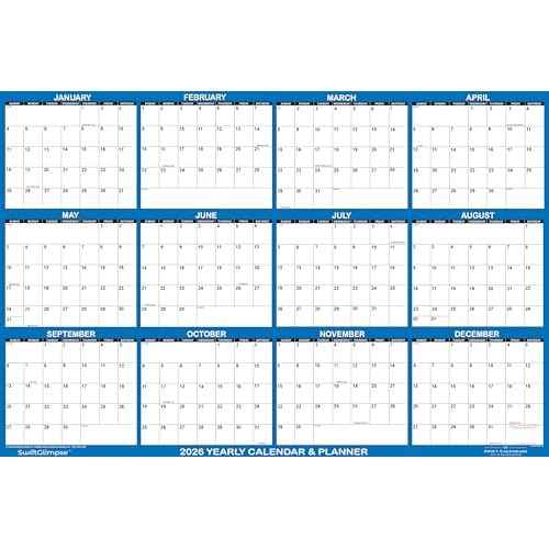 18" x 24" SwiftGlimpse 2026 Wall Calendar Erasable Large Wet & Dry Erase Laminated 12 Month Annual Yearly Wall Planner, Reversible, Horizontal/Vertical, Navy