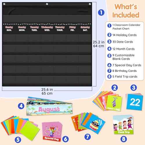 Classroom Calendar Pocket Chart with 88 Cards - Ideal for Homeschool, Classroom & Office, Durable Nylon Wall Hanging Calendar for Early Learning (Black)