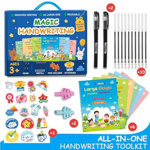 Large Magic Practice Copybook for Kids,Handwriting Grooved Practice Book 6 Pack with Pen Refill English Cursive Calligraphy Reusable Age 3-8£¨A4 Size£©