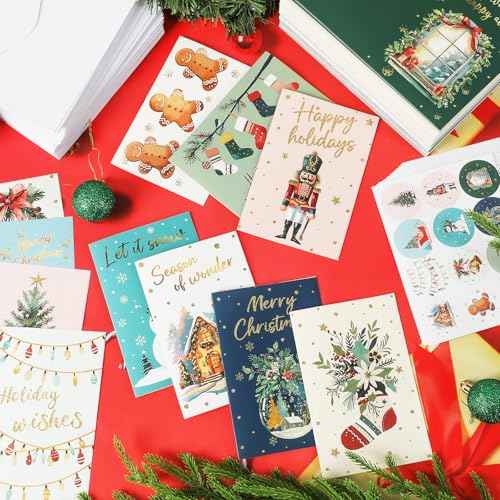 240 Sets Christmas Cards Bulk with Envelopes and Stickers Holiday Merry Christmas Greeting Cards Set 12 Assorted Designs Xmas Note Card Set Blank Inside for Winter Theme Xmas Gift