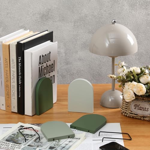 Honoson 4 Pcs Boho Green Wooden Bookends - Natural Bamboo & Metal Design