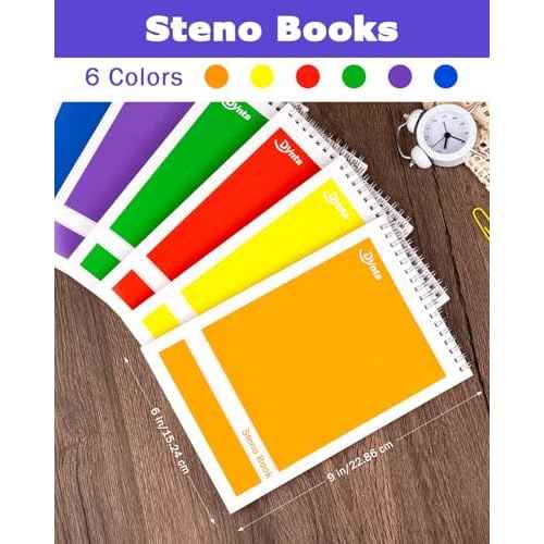 Dynta Steno Pads Spiral 6x9 12 Pack Gregg Rule Notebooks 6 Assorted Covers 60 Sheets White Paper, Writing Note Pads for Note-taking in School Office Home College University Work Travel