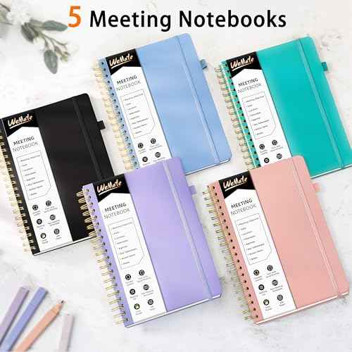 WEMATE 5 Pack Meeting Notebooks for Work£¨7"x10"£© 200 Pages, PU Leather Notebook with Action Items & Note, For Staff & Students, Meeting, Projects Planning- Light Purple, Blue, Rose Gold, Green, Black