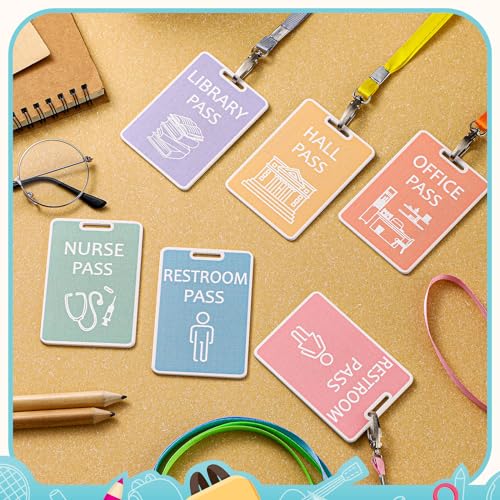Sabary 6 Sets Hall Pass Lanyards and School Passes Set Unbreakable Wooden Bathroom Passes for Classrooms Hall, Restroom, Library, Office and Nurse School Teacher Supplies Gift(Light Color)