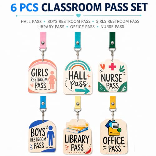 Macaron Colors 6-Pack Wooden School Hall Pass Lanyards with Passes - Pastel Classroom ID Set