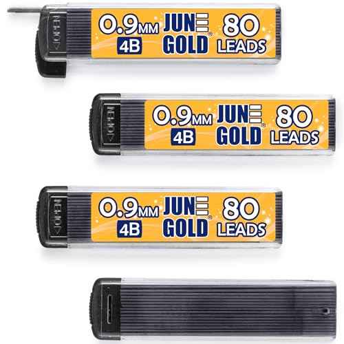June Gold 320 Pieces, 0.9 mm 4B Lead Refills, 80 Pieces Per Dispenser, Bold Thickness, Break Resistant Lead/Graphite, 1.0 mm Compatible (Pack of 4 Dispensers)
