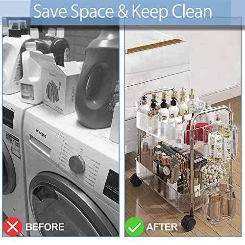 2-Tier Utility Rolling Cart Storage Organizer Sofa Side Table with Wheels, Under Desk Mobile Trolley Organizer with Handle and 2 Hanging Baskets for Office Home Kitchen Organization, Transparent