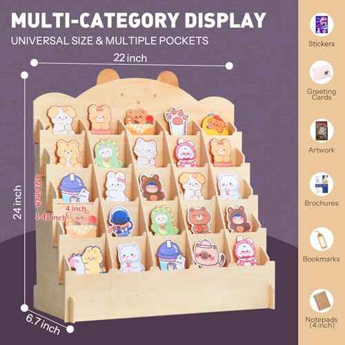 Wooden Sticker Display Stand with 25 Curved Pockets for 4'' Stickers and Brochures, Ideal for Small Business Supplier Events and Trade Shows (Extra Large)