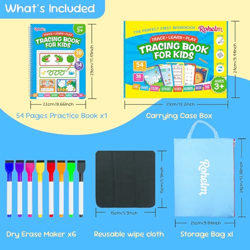 Rohelm Preschool Learning Activities Book - 54 Reusable Pages for Kids 3-5, Includes Markers & Storage