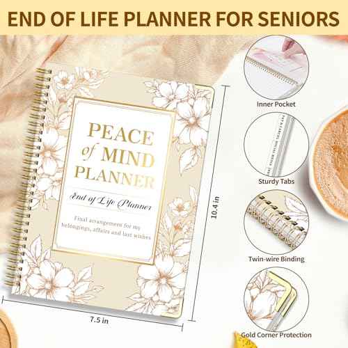 Peace of Mind Planner, Spiral End of Life Planner with Tabs for Senior, Guided Estate Planning Organizer for Final Arrangements & Important Affairs, 7.9"x10.4", Flower