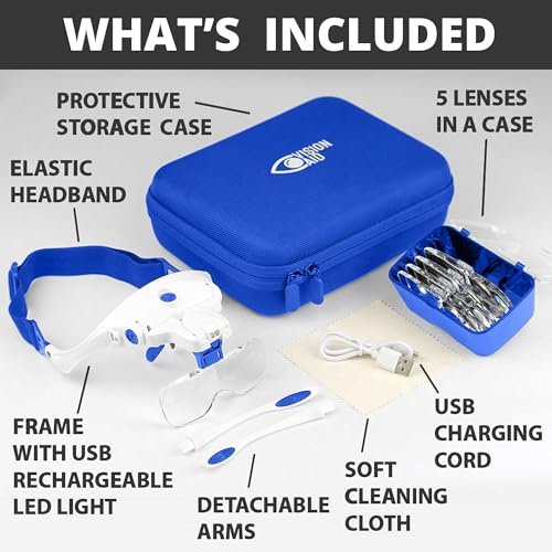 Vision Aid Expert Edition USB Rechargeable Magnifying Glasses with LED Light & Storage Case, Hands-Free Head Magnifier for Crafts & Close Work