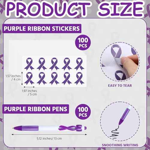 400 Pcs/100 Sets Domestic Violence Awareness Kit Include Purple Ribbon Pens Stickers Silicone Bracelets Wristbands Badges Pins for Domestic Violence Awareness Men Women Charity Gifts