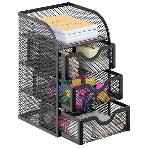 Black Mesh Desk Organizer with 3 Drawers for Office & Home Storage