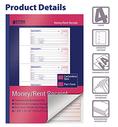 Cash Receipt Book 4-Pack, 2-Part Carbonless, 7-5/8 x 10-7/8 in – White/Canary, Large Money & Rent Receipts