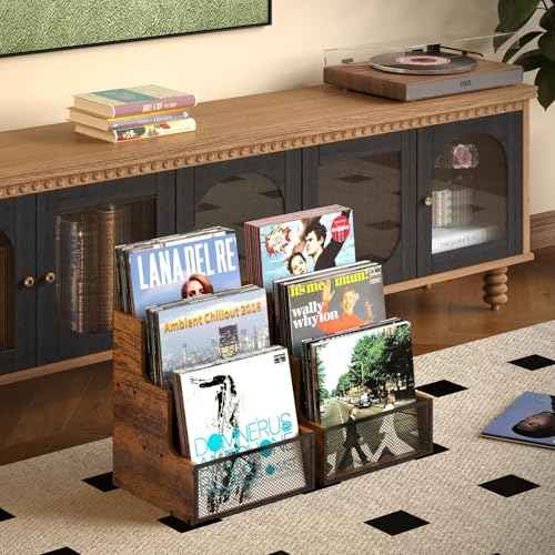 Vinyl Record Storage,Stepped 3 Tier LP Vinyl Record Crate,Vinyl Record Album Holder,Holds up to 60 Records,Desktop Metal & Wooden Record Box Case Crate