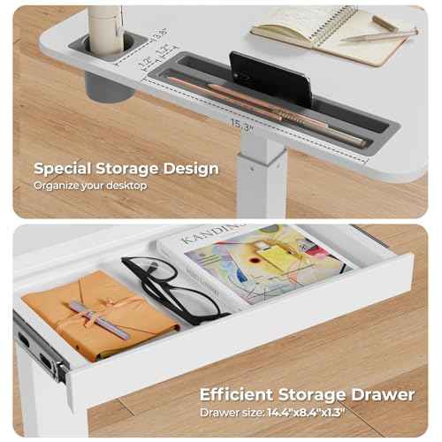 Mobile Standing Desk with Drawer, 28" Rolling Desk with Cup Holder and Hooks, Portable Laptop Cart on Wheels, Height Adjustable Workstation with Storage for Home Office, White