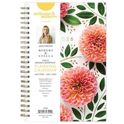 Blue Sky Artisans & Makers Sara Harding 2026 Weekly and Monthly Planner, January 2026 - December 2026, 5" x 8", Flexible Cover, Durable Wire Binding, Laminated Tabs, Pocket, Stickers, Bright Dahlias