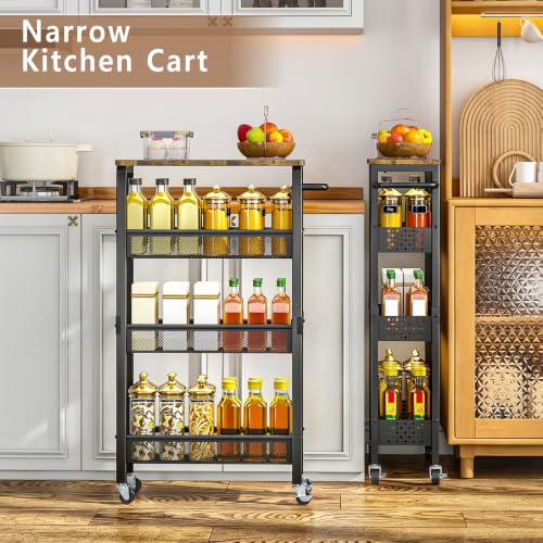 Gibyela 4-Tier Slim Rolling Cart with Wood Top, Black 7.1in Width