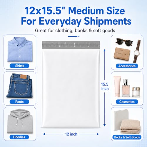 METRONIC White Poly Mailers 12x15.5 Inches Bulk Shipping Bags 500pcs