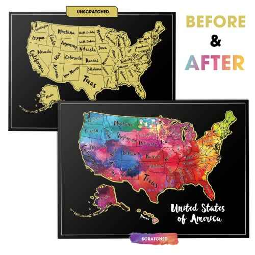 TRAVELISIMO Scratch Off Map of United States, 12x17 inch US Map for Travel Tracking, Scratch Off Poster 25 Unique Accessories & Colorful Design