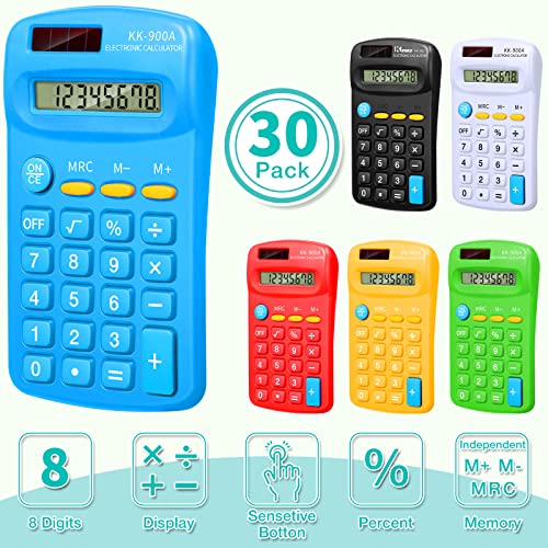 30 Pack Pocket Calculator Small Battery Powered Bulk Mini Size 4 Function Hand Held Basic Calculator for Students Kids School Home Office(Green, White, Red, Yellow, Blue, Black)