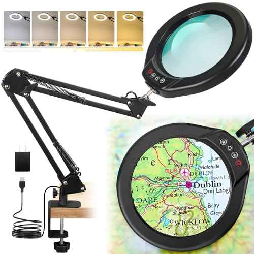 10X Magnifying Glass with Light and Clamp, 5-Inch Real Glass Lens, LED Lighted Magnifier Hands Free with Swivel Arm, 5 Color Modes Brightness Steepless Dimmable, Stand Desk Lamp for Close Work, Craft