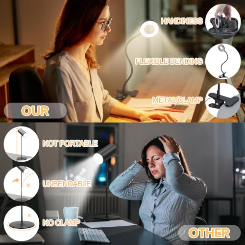 Foneso 1 Pack Clip-On Desk Lamp for Reading, Office & Bedside Lighting - Black