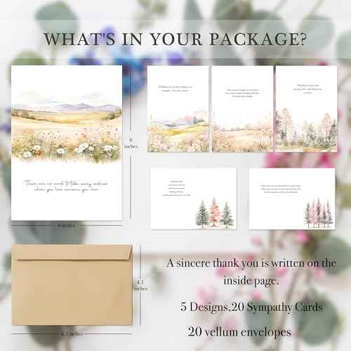 Sympathy Cards with Envelopes, Watercolor landscape Design Sympathy Cards Set of 20, Condolence Card with Matching Peel-and-Seal Rustic Envelopes, Each Card Comes with Heartfelt Condolences