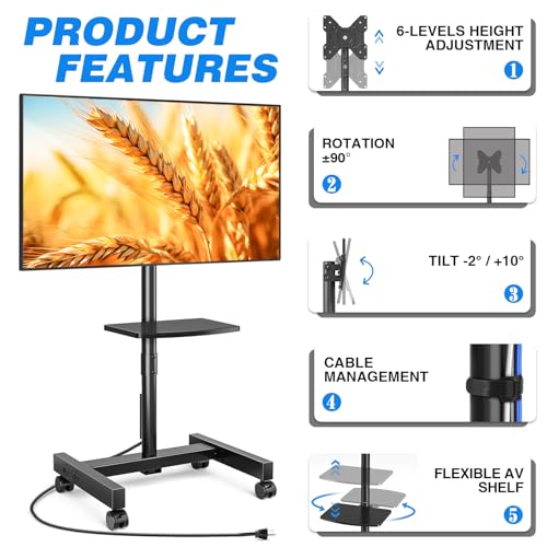 Rfiver Rolling TV Stand with Power Outlet for 13-50 Inch TVs, Tilting and Rotating Mobile TV Cart up to 55 lbs, Portrait to Landscap, Height Adjustable TV Floor Stand with Shelf, Max VESA 200x200mm