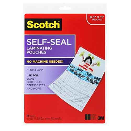 Scotch Self-Seal Laminating Pouches, 9.0 in x 11.5 in Letter Size, Easy to Use and No Laminator Needed, 10 Pack