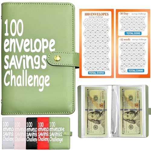 Whitefoxen Olive Green Money Saving Challenge Binder - 100 Envelopes & Tracker, Portable Budget Planner