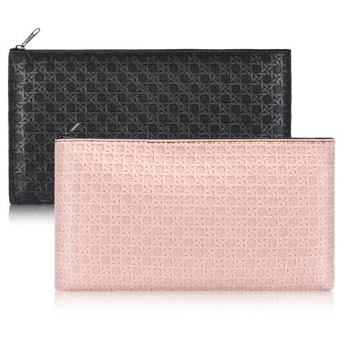 Wteehn 2-Pack Money Bags – PU Leather Zipper Pouches for Cash, Coins, Receipts (Black + Light Pink)