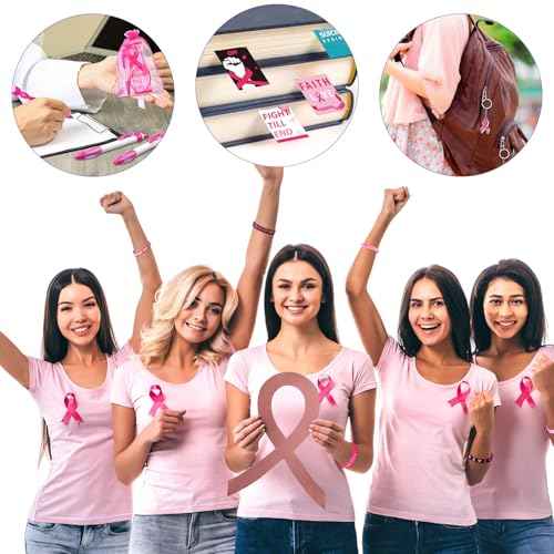 120 Pcs Breast Cancer Awareness Gift Set Include Breast Cancer Pens Pink Ribbon Silicone Bracelets Wristbands Bookmark Keychain Pink Organza Bag for Office Public Charity Events Supplies