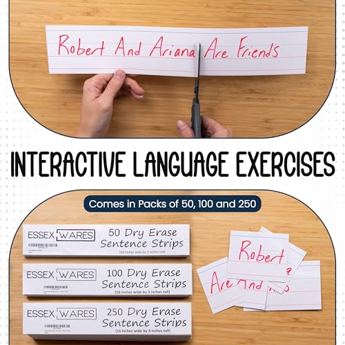 Essex Wares 50 Pack White Dry Erase Sentence Strips 16x3 Inches Classroom Use