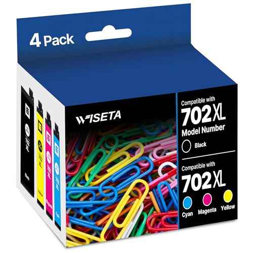 Wiseta 702XL 702 XL High Capacity Remanufactured for Epson 702XL Ink Cartridges Combo Pack 702XL T702XL 702 702 XL use with WF-3720 WF-3730 WF-3733 Printer (Black, Cyan, Magenta, Yellow, 4 Packs)