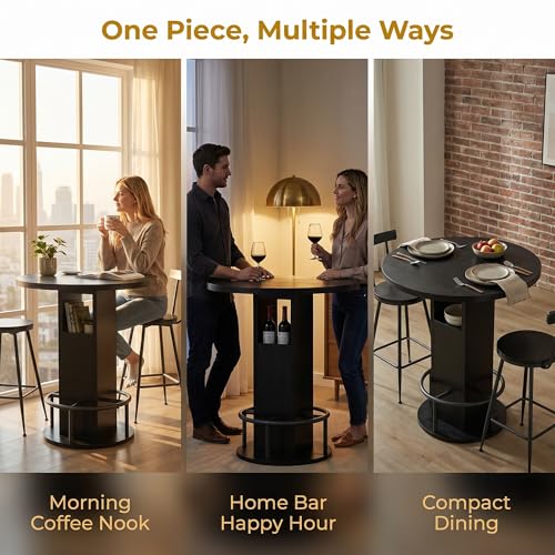 Hosnnile 3-Piece Round Bar Table Set with Storage, 31.5" Dining Table & 2 Bar Stools, Modern Farmhouse Kitchen