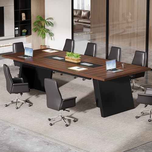 Tribesigns 8ft Conference Table, Modern Office Meeting Room Table with Cable Management, Large Business Seminar Furniture for Boardroom, Walnut and Black